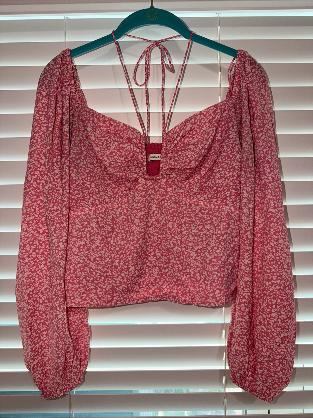 Abercrombie & Fitch Pink Floral Cinched Bust Halter Tie Long Sleeve Top